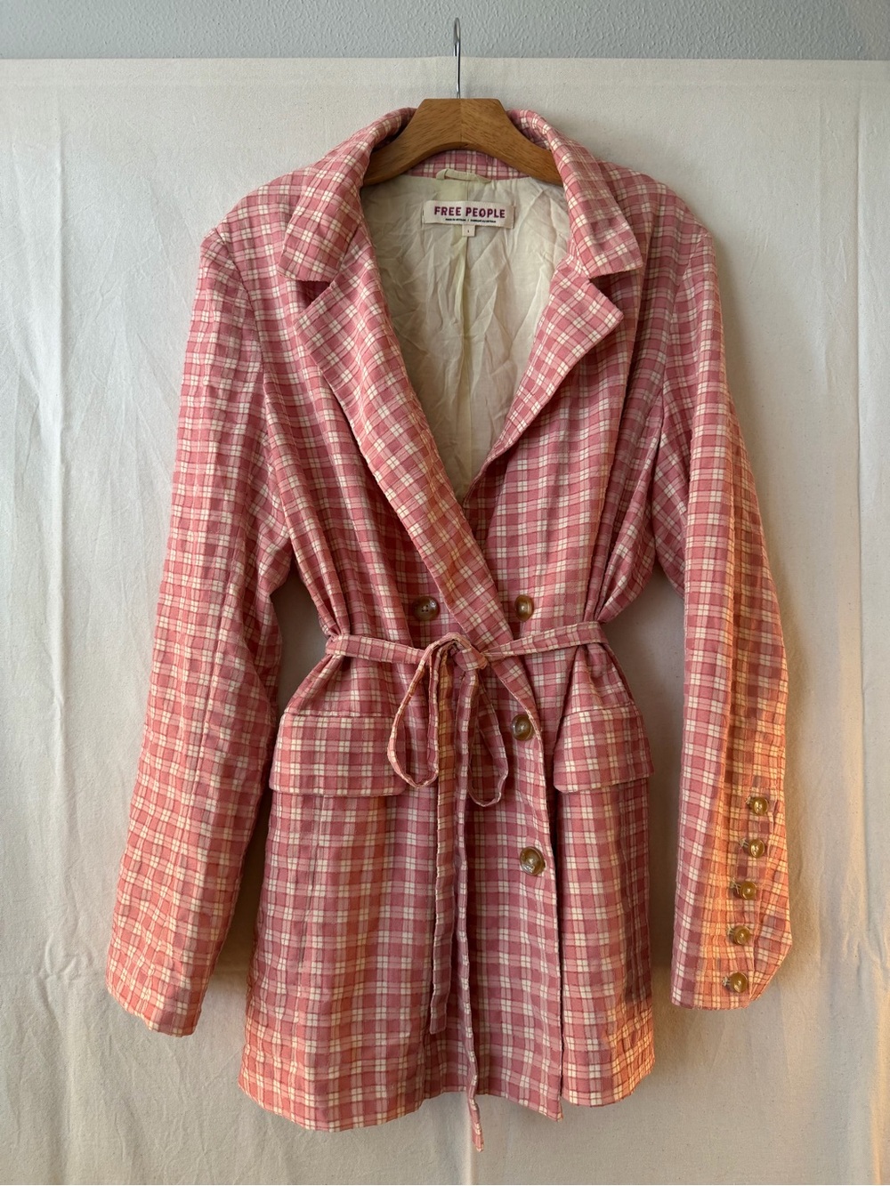 Free People Pink Plaid Belted Blazer Jacket